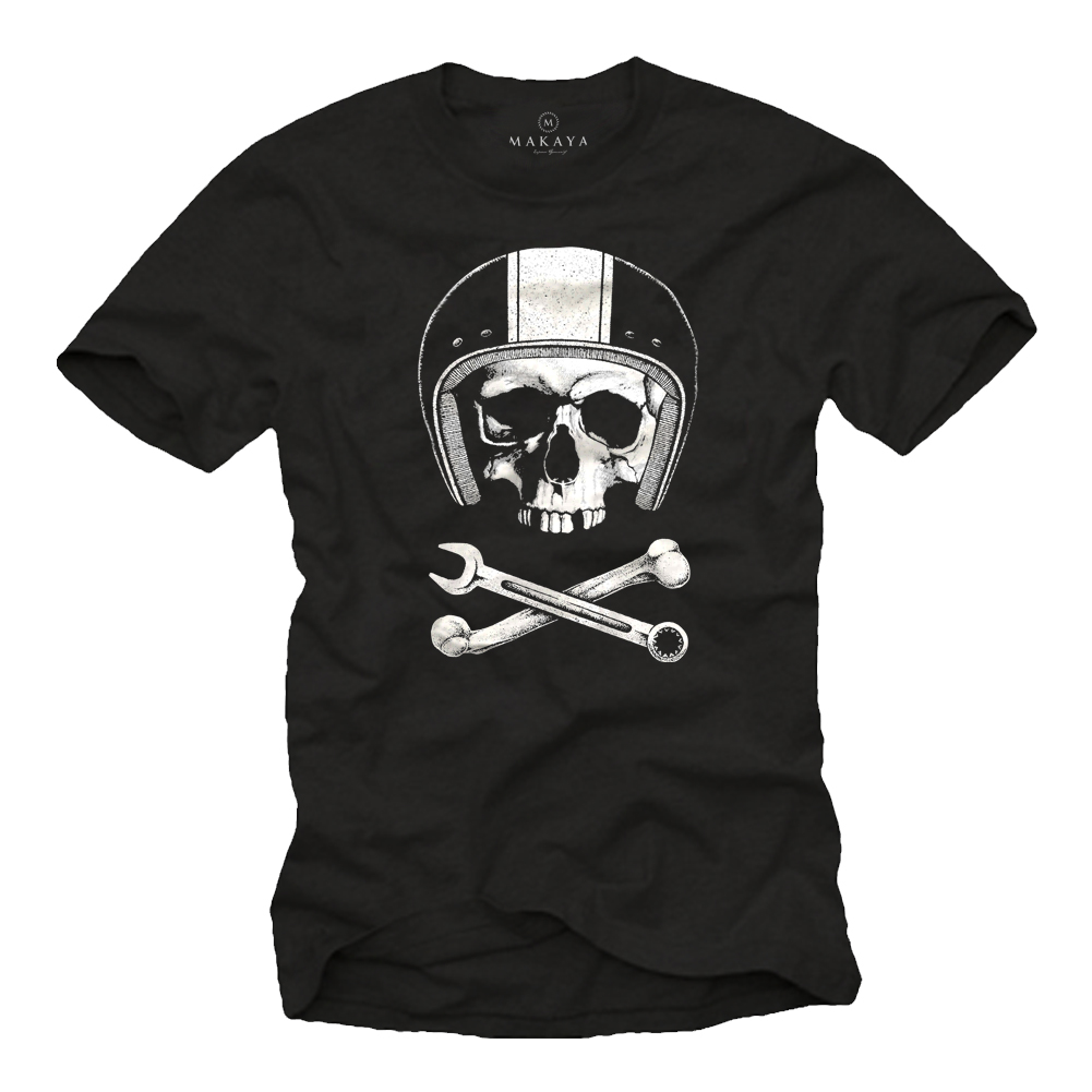 GARAGE MEN MOTORCYCLE T SHIRT WITH SKULL & HELMET SHORTSLEEVE WRENCH